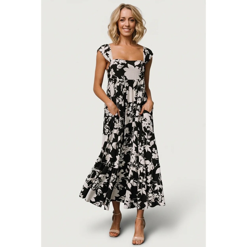 Baltic Born Aita Maxi Dress Black Ivory Floral Square Neck Smocked Pockets M NEW